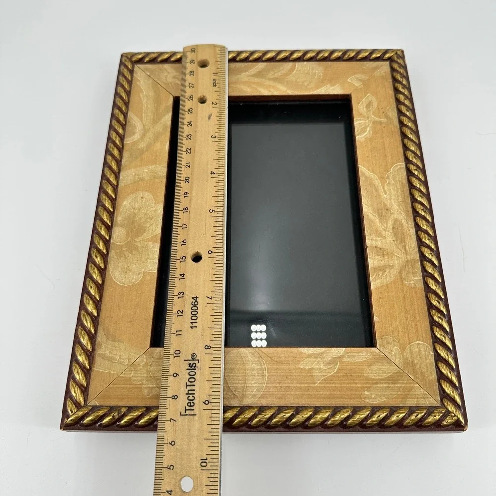 Vintage 5x7 Wood Picture Frame with Gold Rope Trim and Floral Inlay Decor